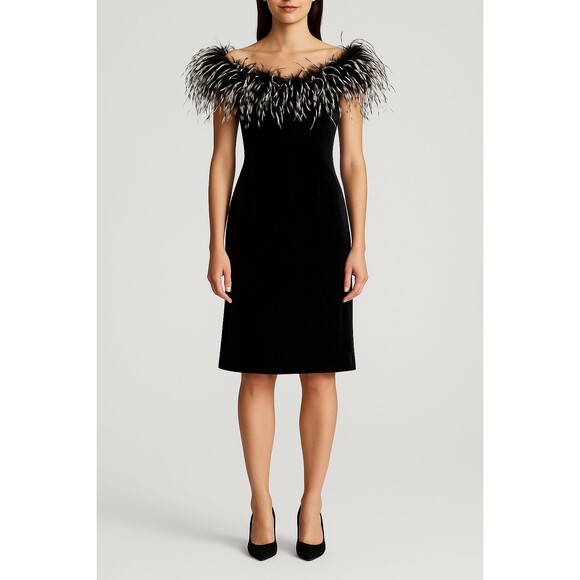 Newport News Dress Sm Vintage Ostrich Feather LBD Black Sheath Cocktail Glam - Picture 1 of 17